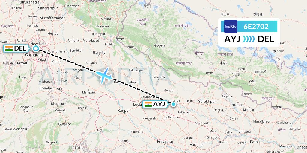 6E2702 IndiGo Airlines Flight Map: Lucknow to Delhi