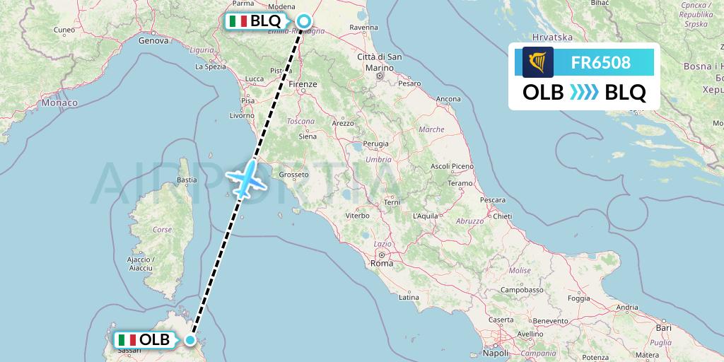 FR6508 Ryanair Flight Map: Olbia to Bologna