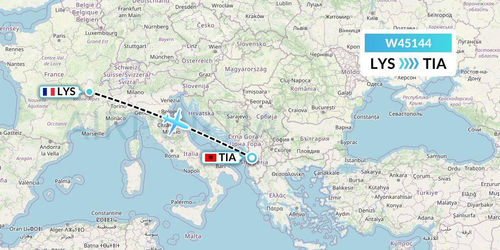 W45144 Wizz Air Malta Flight Map: Lyon to Tirana