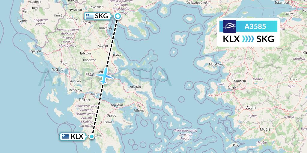 A3585 Aegean Airlines Flight Map: Kalamata to Thessaloniki