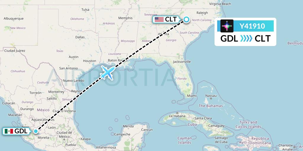 Y41910 Volaris Flight Map: Guadalajara to Charlotte