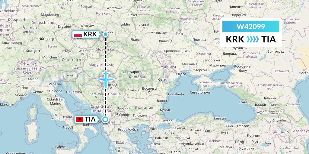 W42099 Wizz Air Malta Flight Map: Krakow to Tirana