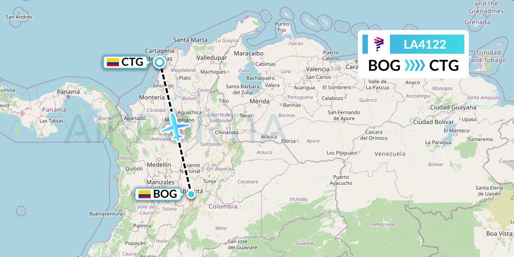 LA4122 LAN Airlines Flight Map: Bogota to Cartagena