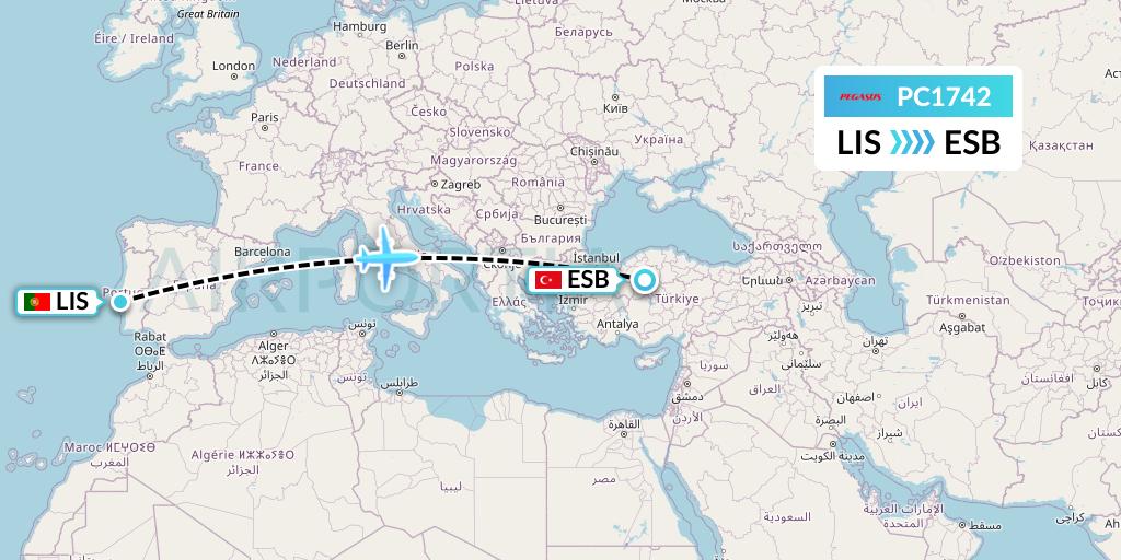 PC1742 Pegasus Airlines Flight Map: Lisbon to Ankara