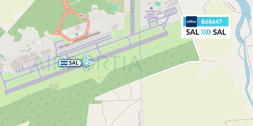 B68647 JetBlue Airways Flight Map: San Salvador to San Salvador