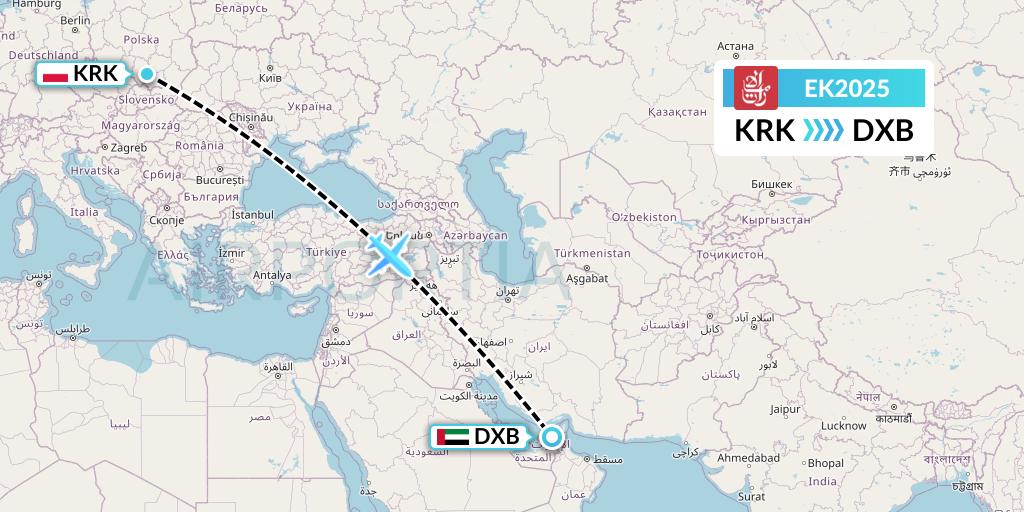 EK2025 Emirates Flight Map: Krakow to Dubai