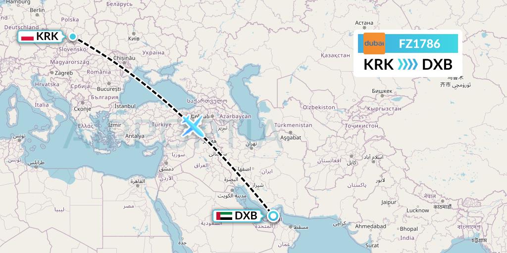 FZ1786 FlyDubai Flight Map: Krakow to Dubai