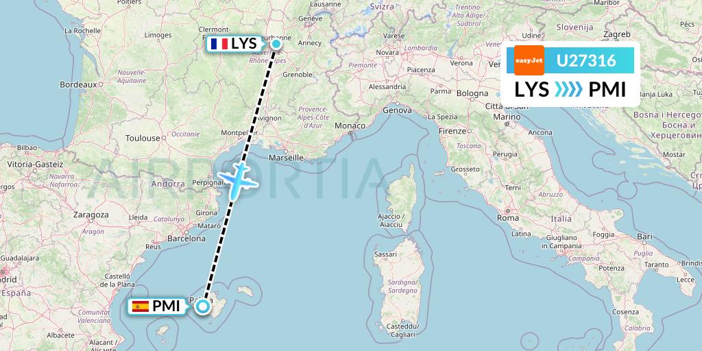 U27316 EasyJet Flight Map: Lyon to Palma de Mallorca