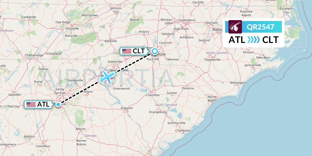 QR2547 Qatar Airways Flight Map: Atlanta to Charlotte
