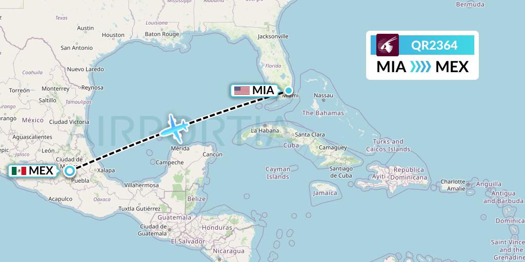 QR2364 Qatar Airways Flight Map: Miami to Mexico City
