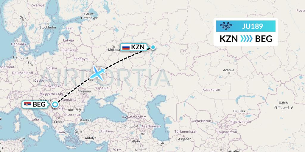 JU189 AirSERBIA Flight Map: Kazan to Belgrade