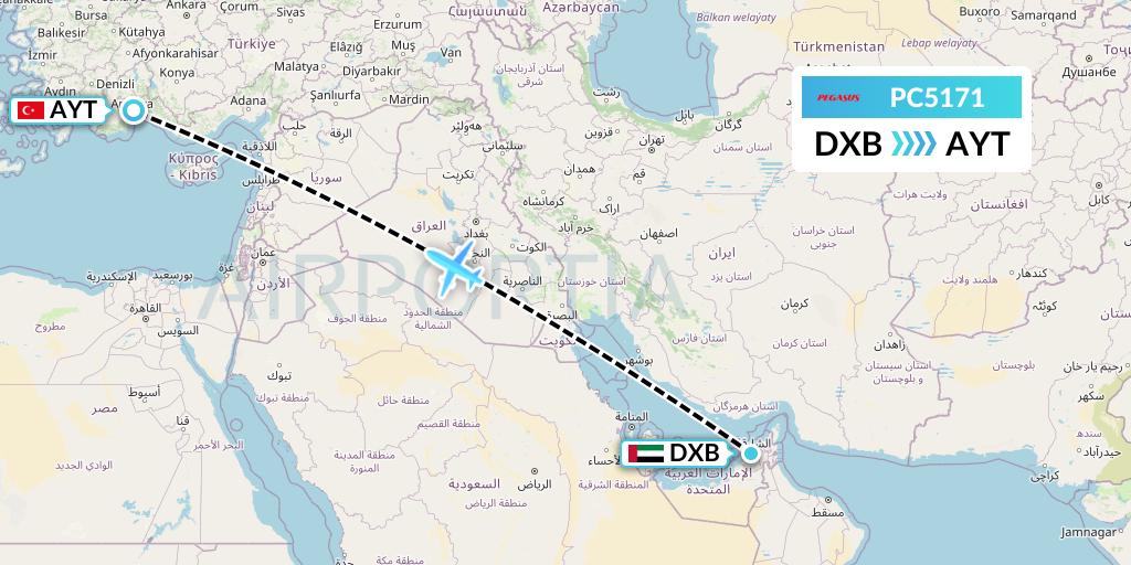 PC5171 Pegasus Airlines Flight Map: Dubai to Antalya