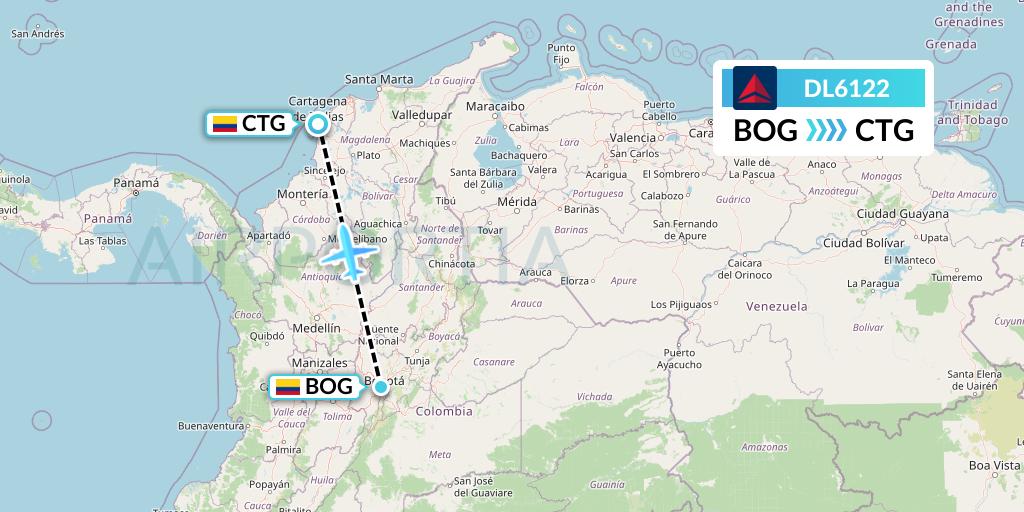 DL6122 Delta Air Lines Flight Map: Bogota to Cartagena