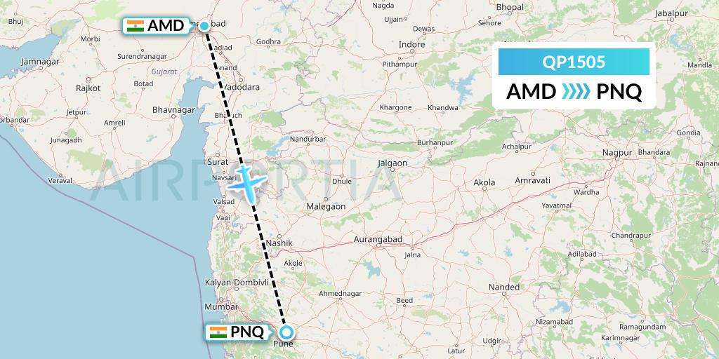 QP1505 Akasa Air Flight Map: Ahmedabad to Pune