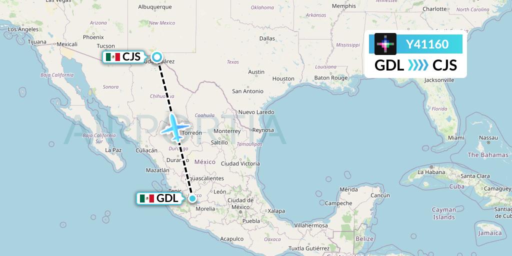 Y41160 Volaris Flight Map: Guadalajara to Ciudad Juarez