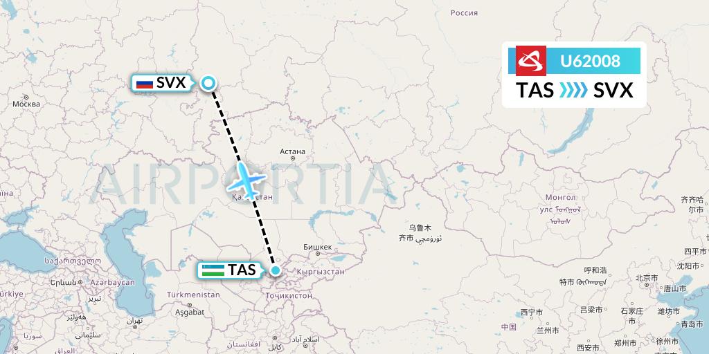 U62008 Ural Airlines Flight Map: Tashkent to Yekaterinburg
