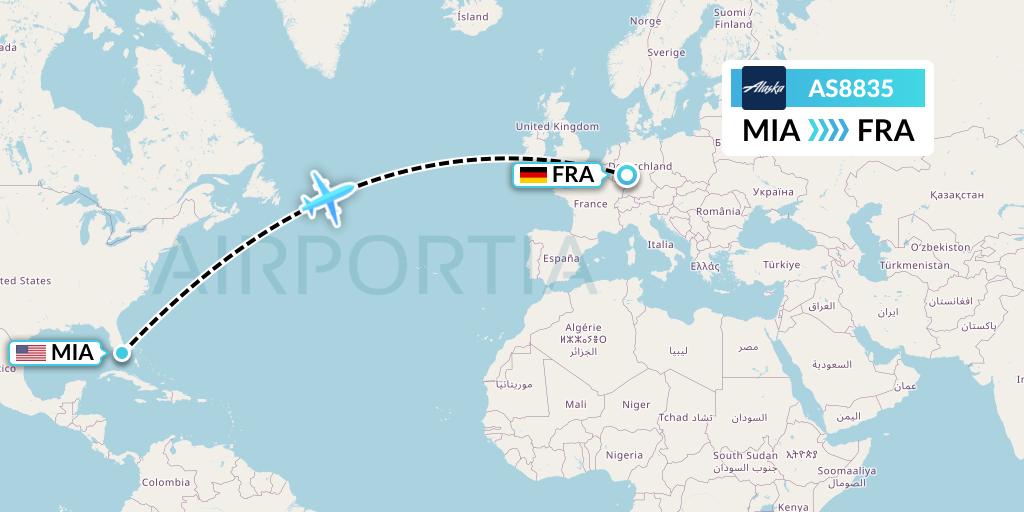 AS8835 Alaska Airlines Flight Map: Miami to Frankfurt