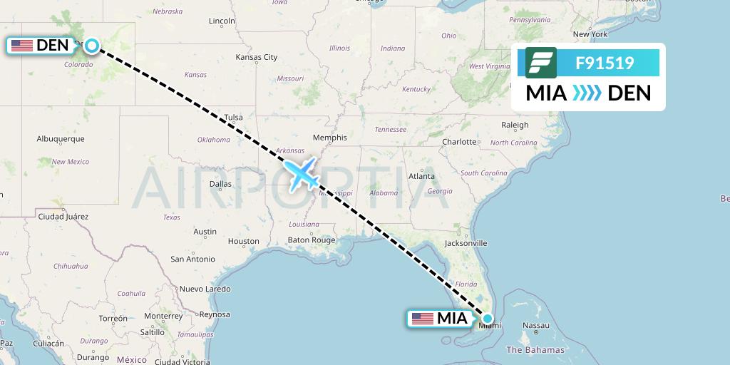 F91519 Frontier Airlines Flight Map: Miami to Denver