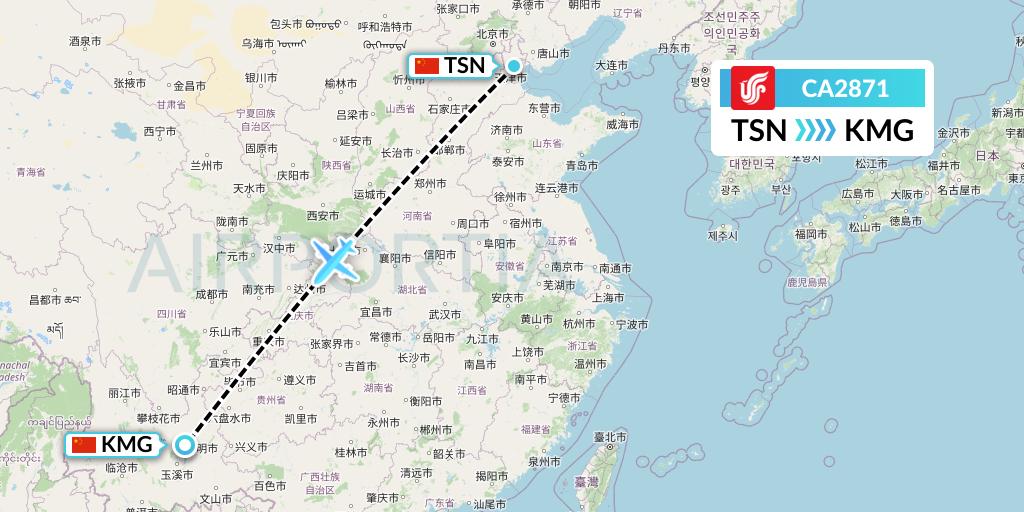 CA2871 Air China Flight Map: Tianjin to Kunming