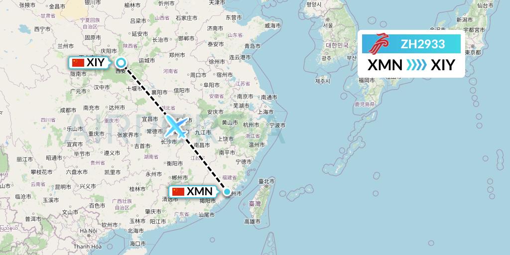 ZH2933 Shenzhen Airlines Flight Map: Xiamen to Xi'an