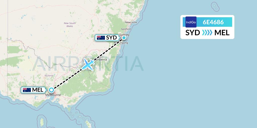 6E4686 IndiGo Airlines Flight Map: Sydney to Melbourne