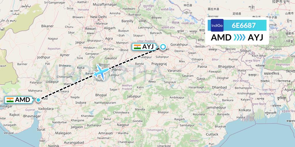 6E6687 IndiGo Airlines Flight Map: Ahmedabad to Lucknow