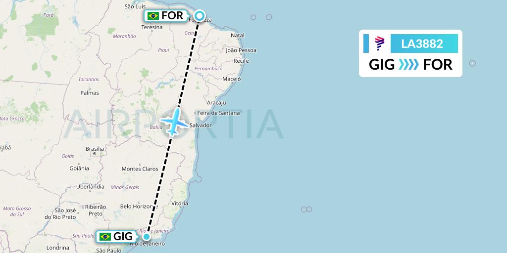 LA3882 LAN Airlines Flight Map: Rio de Janeiro to Fortaleza