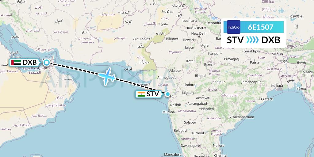 6E1507 IndiGo Airlines Flight Map: Surat to Dubai