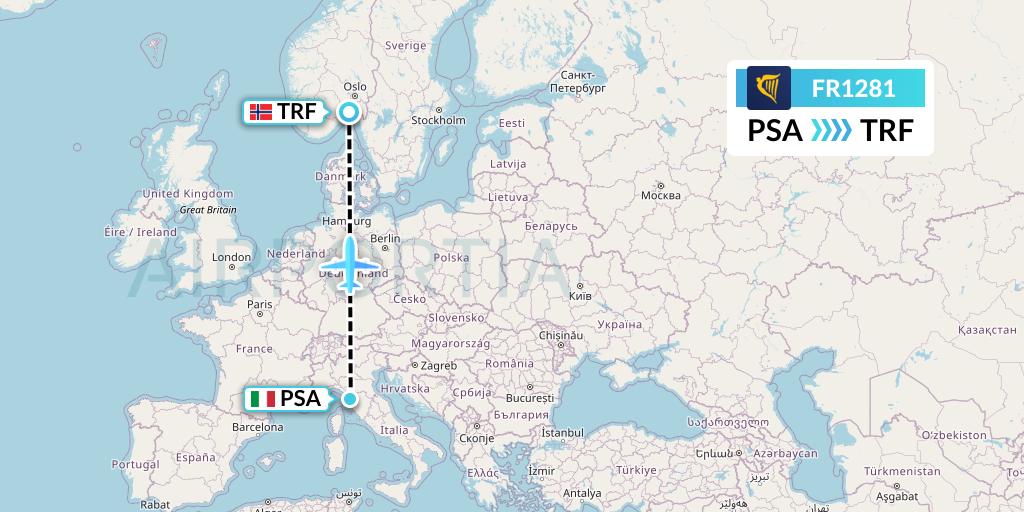 FR1281 Ryanair Flight Map: Pisa to Oslo
