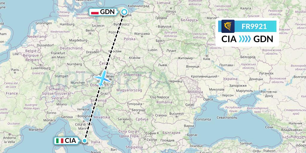 FR9921 Ryanair Flight Map: Rome to Gdansk