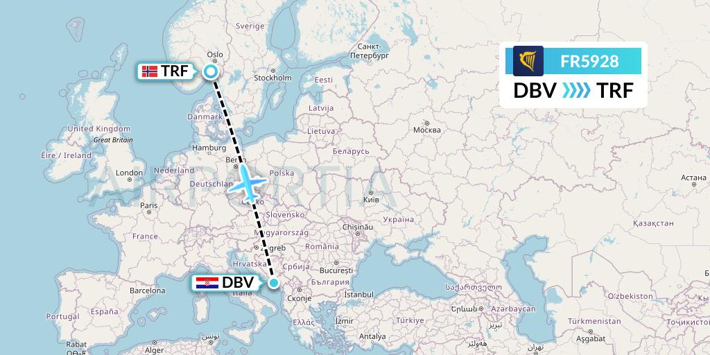 FR5928 Ryanair Flight Map: Dubrovnik to Oslo