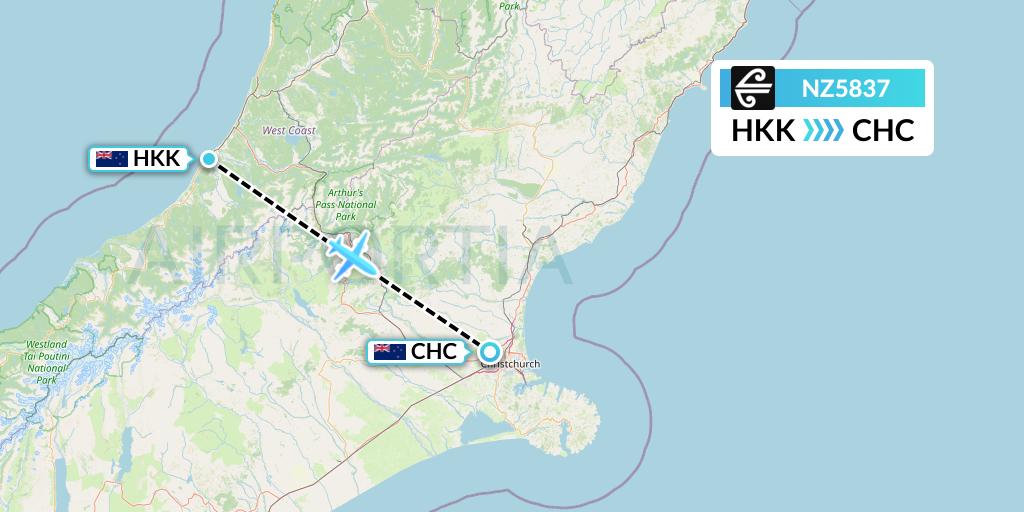 NZ5837 Air New Zealand Flight Map: Hokitika to Christchurch