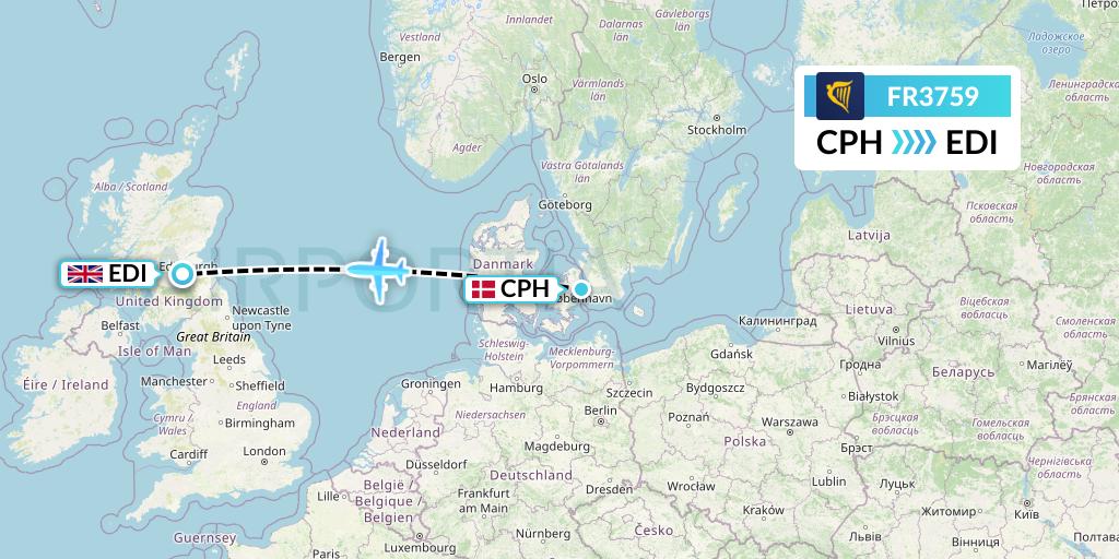 FR3759 Ryanair Flight Map: Copenhagen to Edinburgh