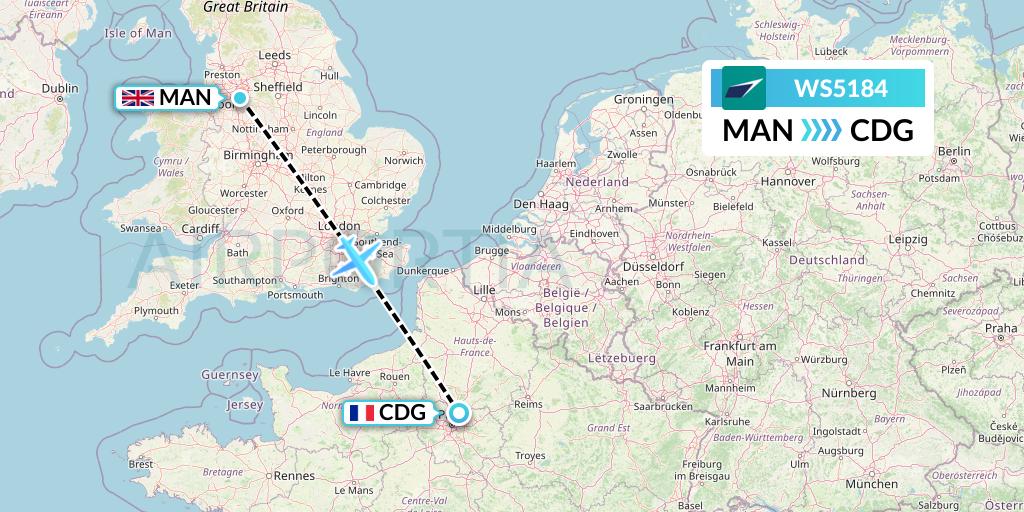 WS5184 WestJet Flight Map: Manchester to Paris