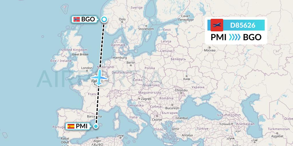 D85626 Norwegian Air International Flight Map: Palma de Mallorca to Bergen