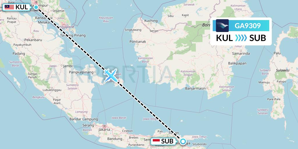 GA9309 Garuda Indonesia Flight Map: Kuala Lumpur to Surabaya