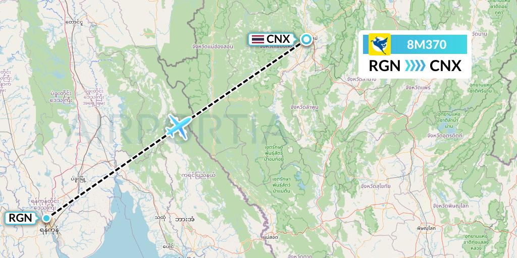 8M370 Myanmar Airways International Flight Map: Yangon to Chiang Mai