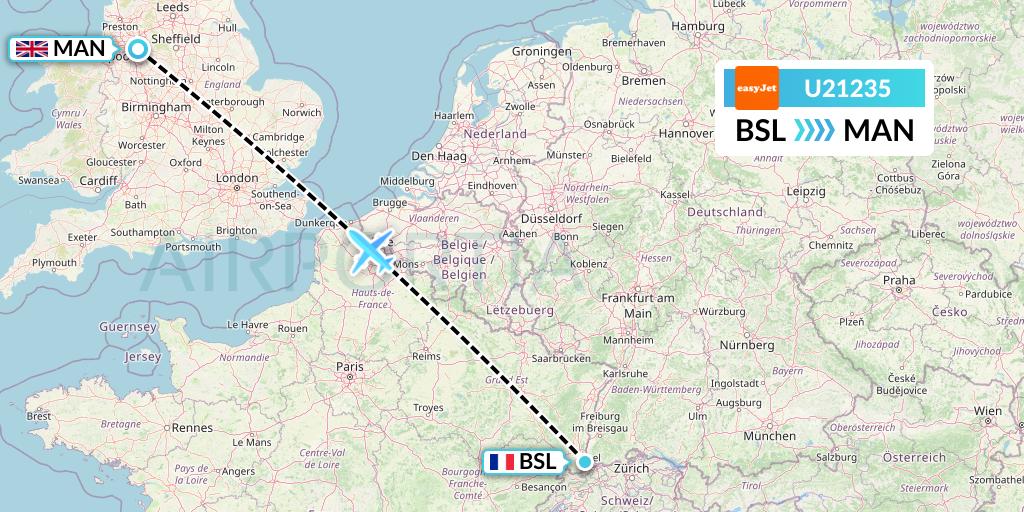 U21235 EasyJet Flight Map: Basel to Manchester