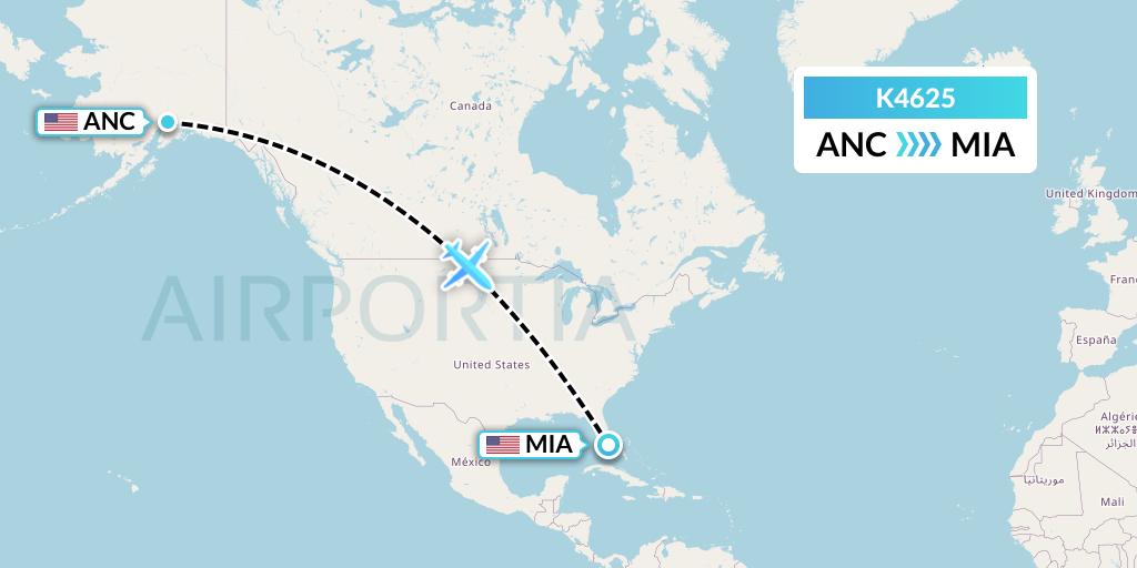 K4625 Kalitta Air Flight Map: Anchorage to Miami