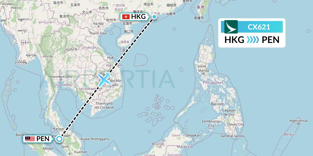 CX621 Cathay Pacific Flight Map: Hong Kong to Penang