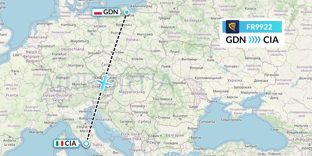 FR9922 Ryanair Flight Map: Gdansk to Rome
