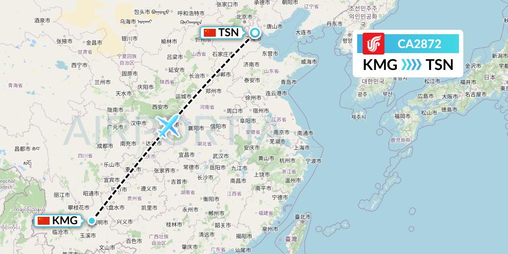 CA2872 Air China Flight Map: Kunming to Tianjin
