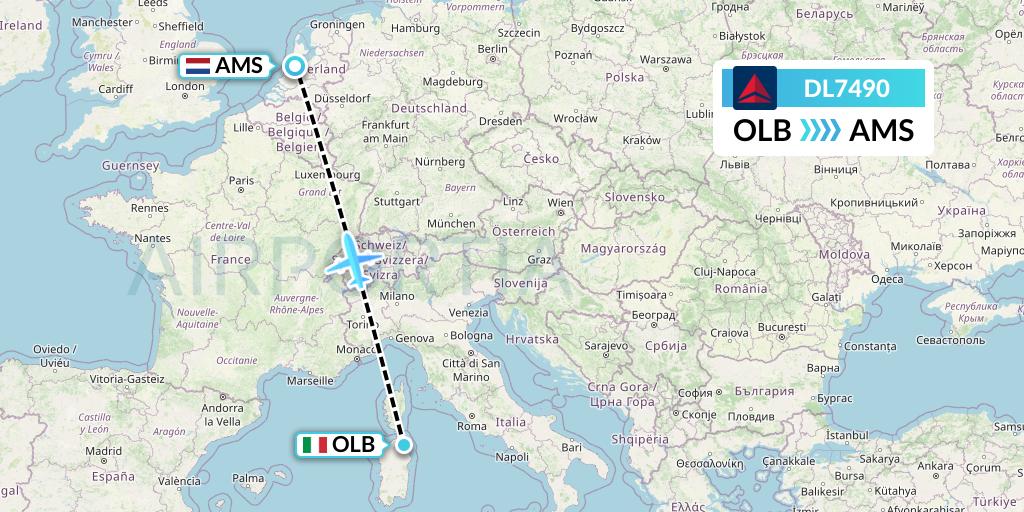 DL7490 Delta Air Lines Flight Map: Olbia to Amsterdam