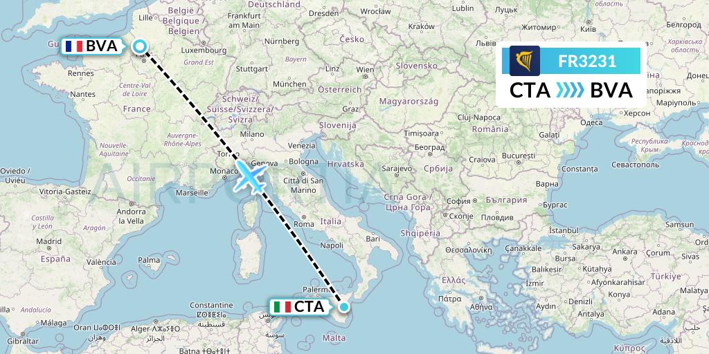 FR3231 Ryanair Flight Map: Catania to Paris