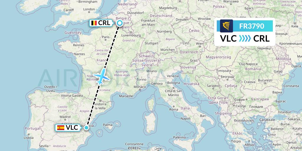 FR3790 Ryanair Flight Map: Valencia to Brussels