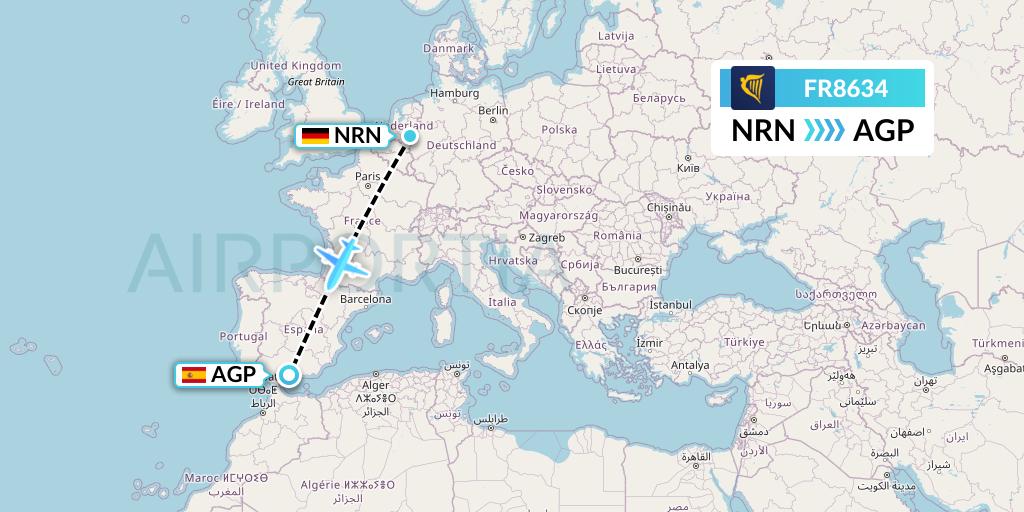 FR8634 Ryanair Flight Map: Weeze to Malaga