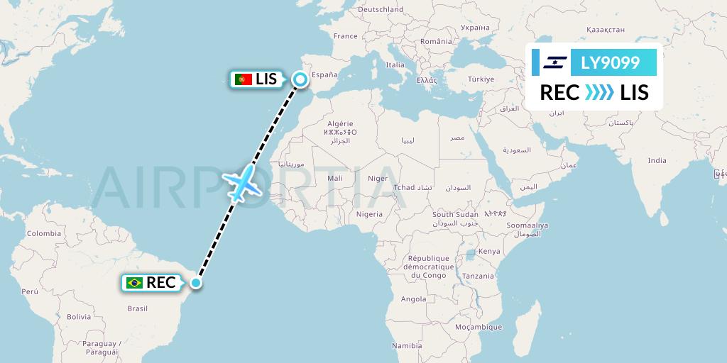 LY9099 El Al Flight Map: Recife to Lisbon