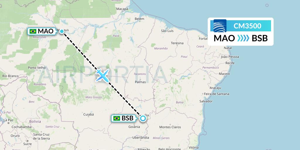 CM3500 Copa Airlines Flight Map: Manaus to Brasilia