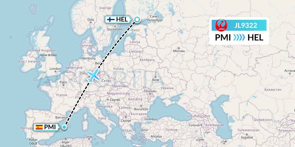 JL9322 Japan Airlines Flight Map: Palma de Mallorca to Helsinki