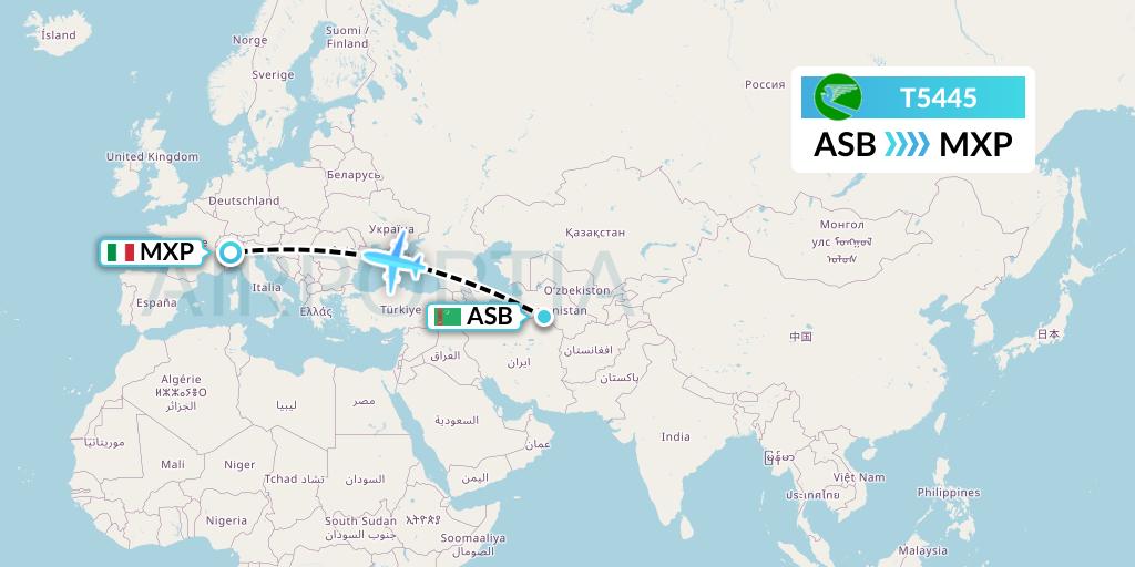 T5445 Turkmenistan Airlines Flight Map: Ashgabat to Milan